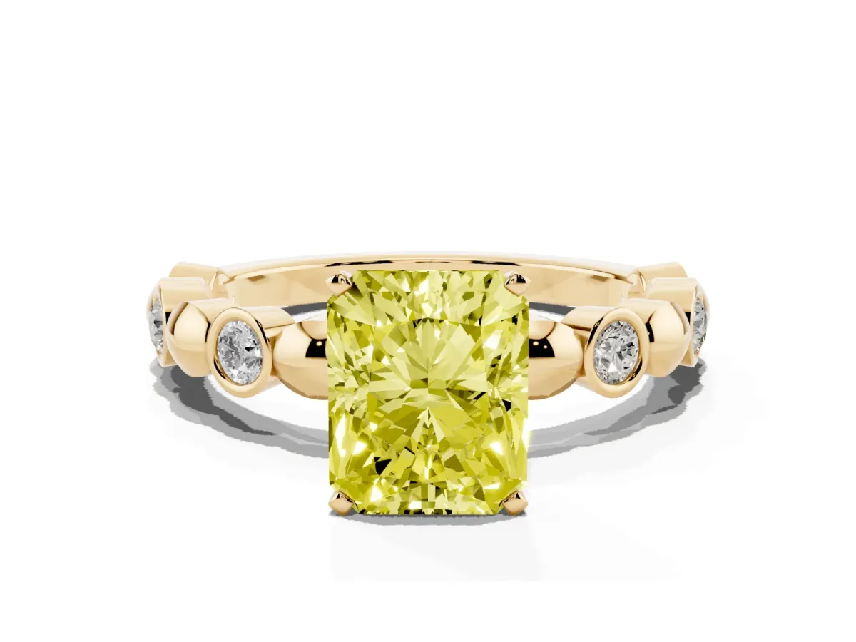 Fancy Yellow Radiant Cut Solitaire Bezel-Set Diamond Ring with Beaded Band and Four-Prong Setting Yellow gold