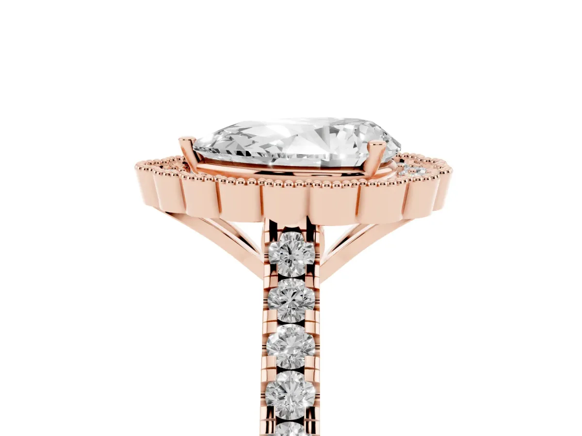 Pear Cut Cut Diamond Milgrain Floral Halo Engagement Ring with Pavé Band Rose gold