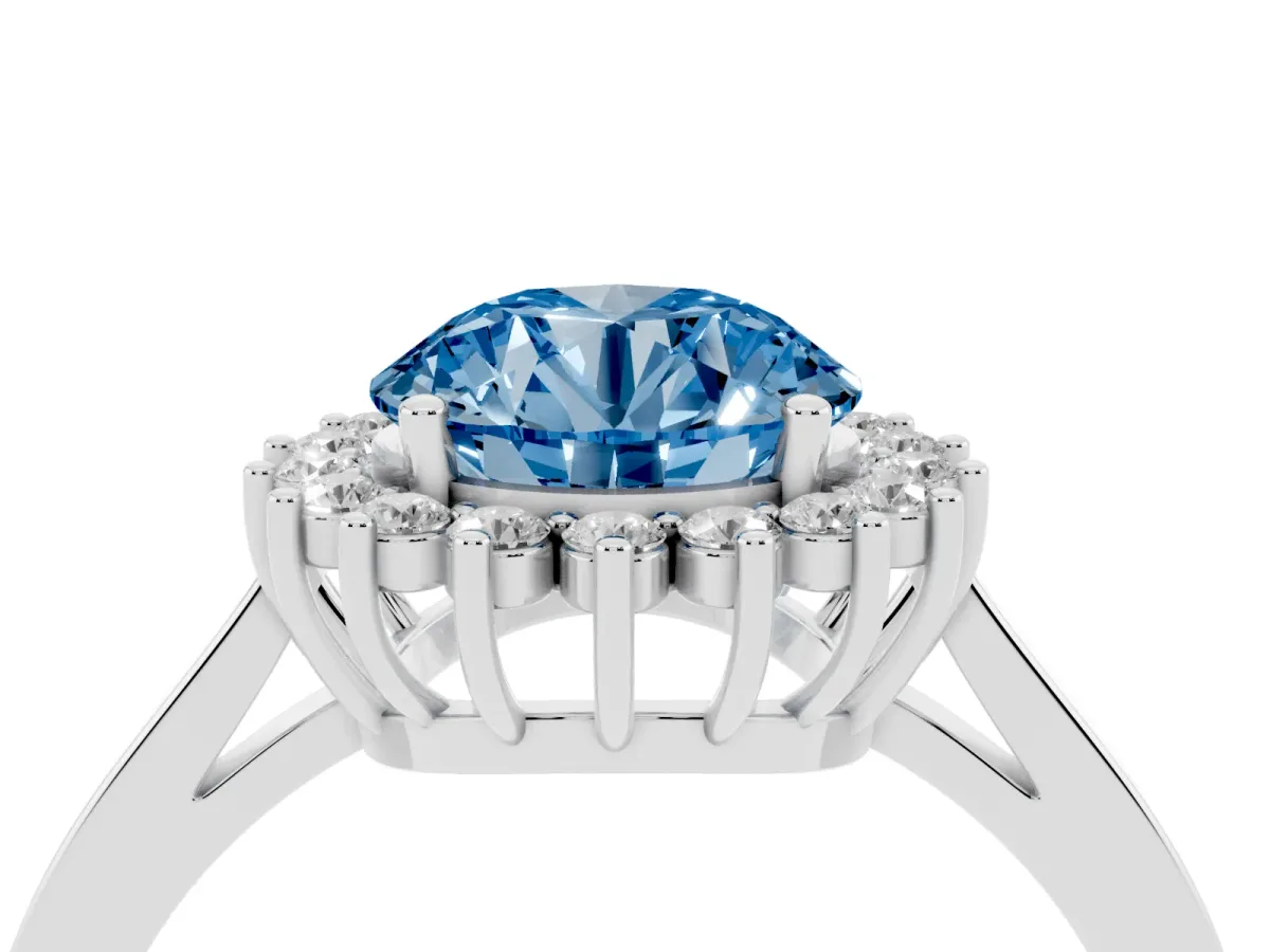 Fancy Blue Round Cut Cut Diamond Halo Ring with Round Brilliant Halo and Solitaire Band Silver