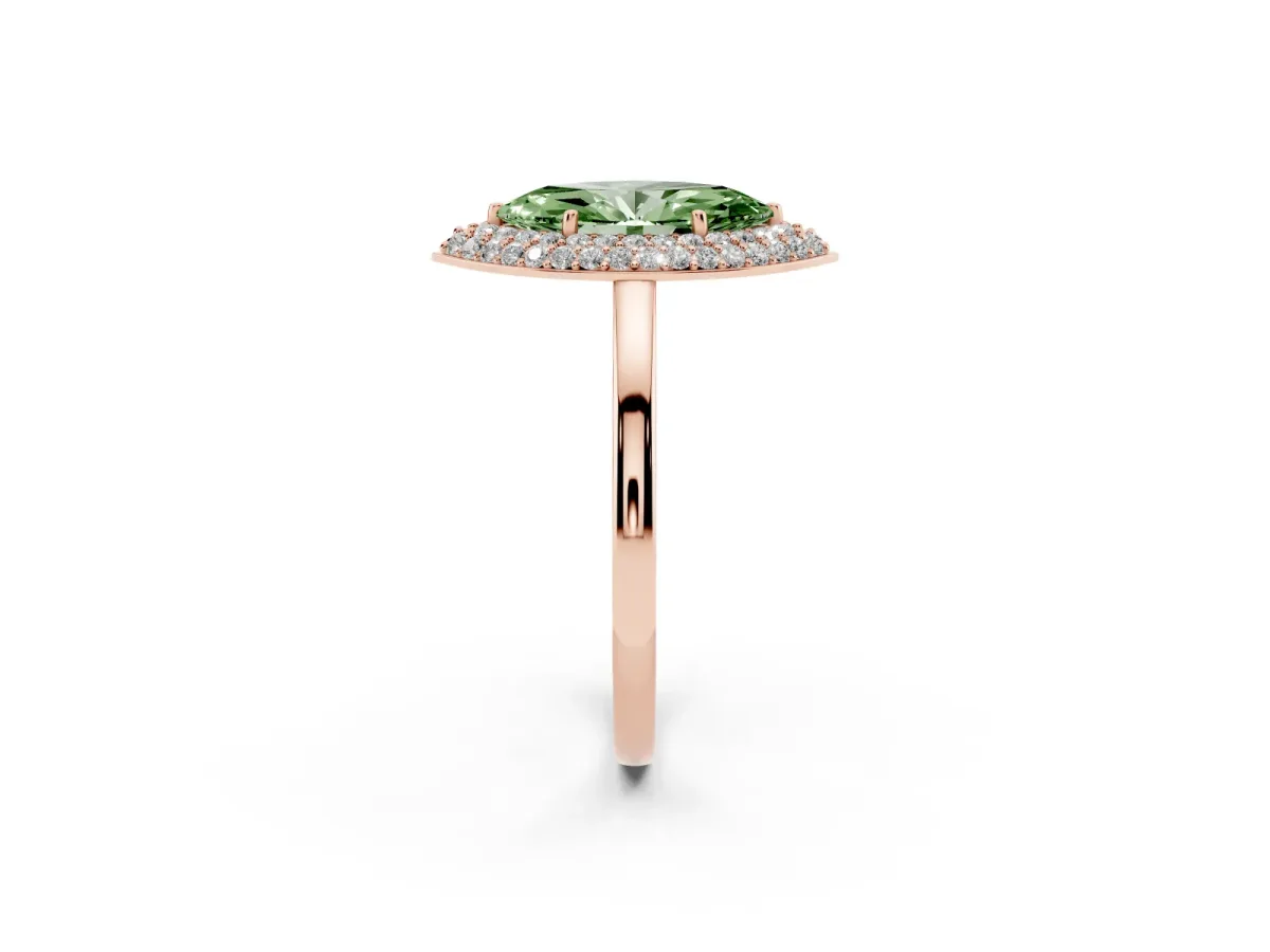 Fancy Green Marquise Cut Halo Diamond Engagement Ring with Solitaire Band and Four-Prong Setting Rose gold