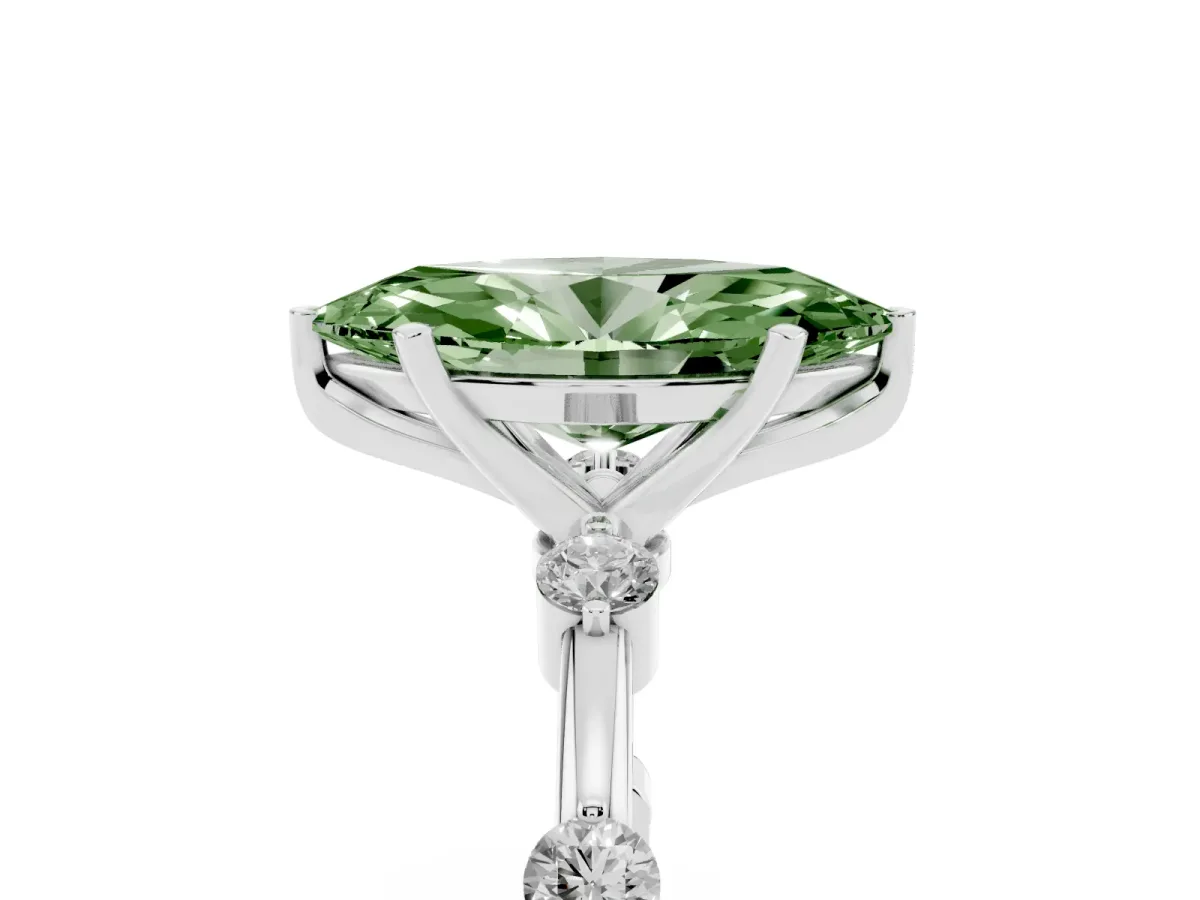 Fancy Green Marquise Cut Solitaire Diamond Ring with Bezel Set Side Stones and Prong Setting Silver