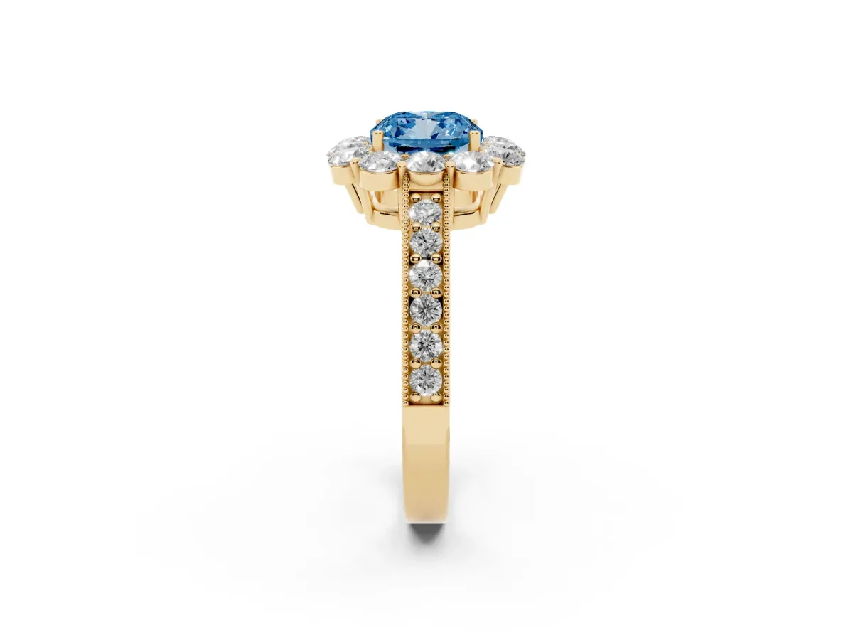 Fancy Blue Cushion Cut Cut Halo Diamond Pavé Engagement Ring with Milgrain Detailing Yellow gold