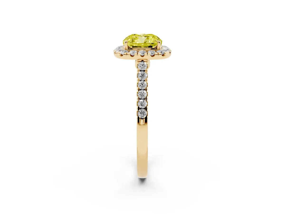 Fancy Yellow Cushion Cut Halo Pave Diamond Engagement Ring with Four-Prong Setting Yellow gold