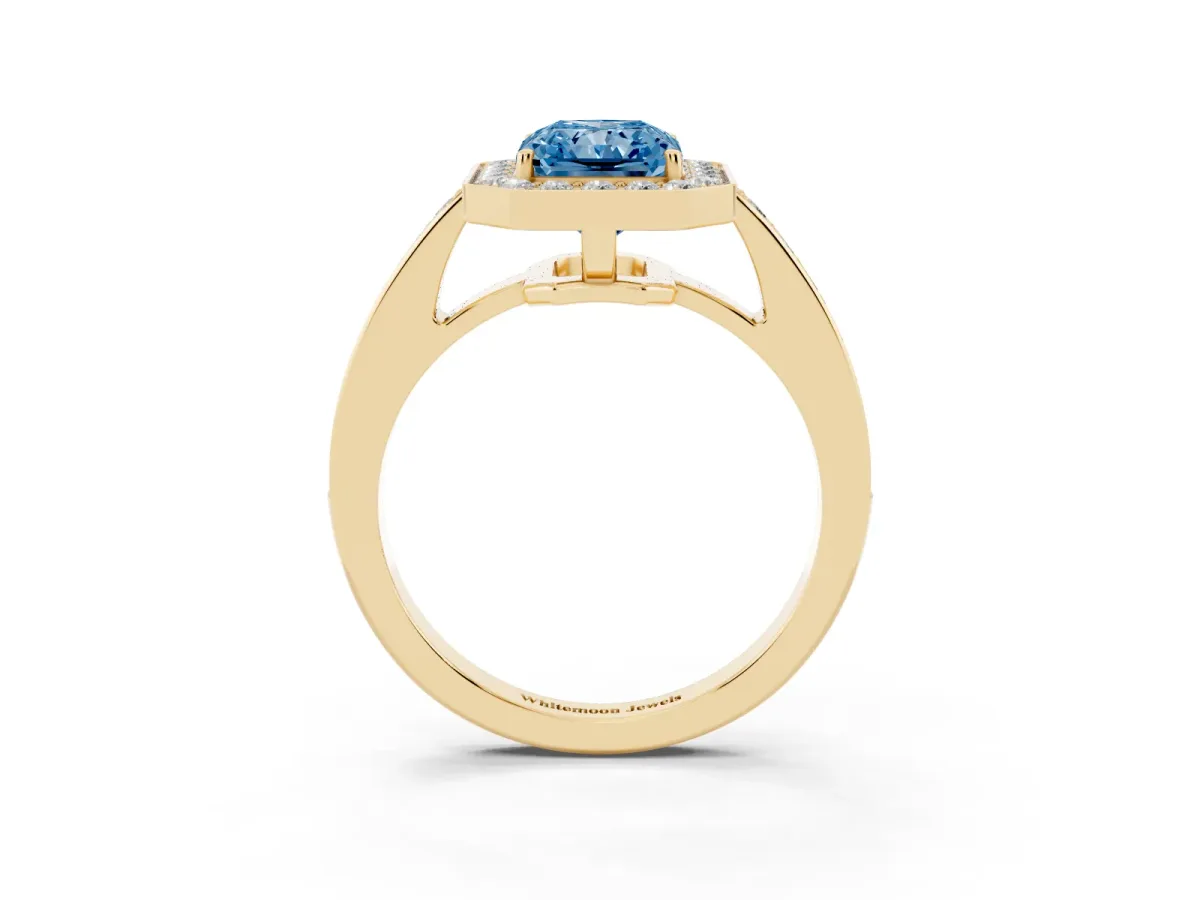 Fancy Blue Radiant Cut Halo Pavé Diamond Engagement Ring with Bezel Setting Yellow gold