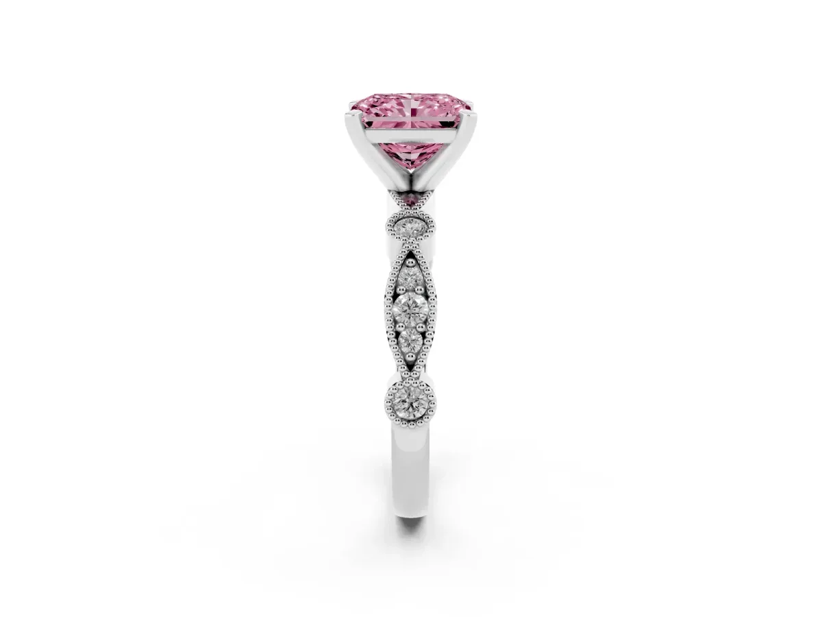 Fancy Pink Radiant Cut Milgrain Bezel Diamond Engagement Ring with Solitaire Prong Setting Silver