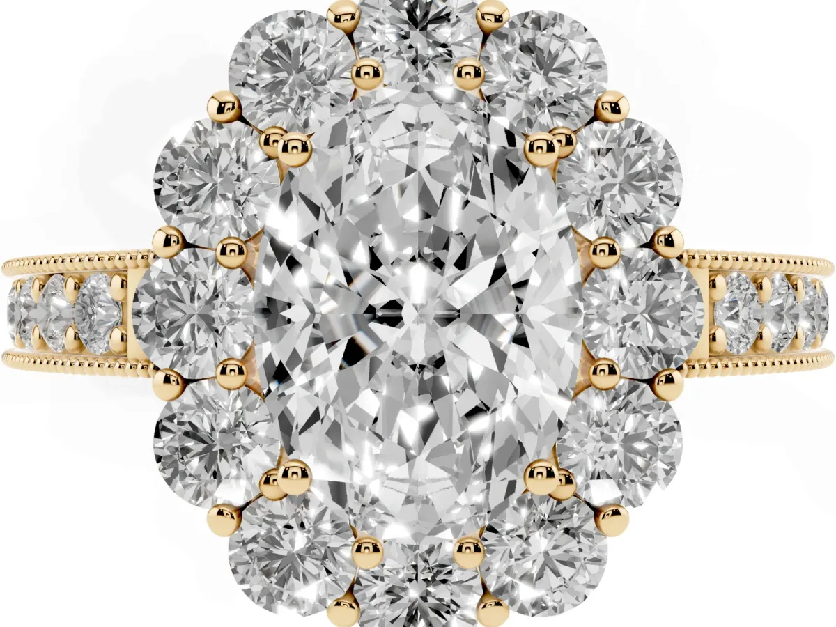 Oval Cut Cut Halo Diamond Pavé Engagement Ring with Milgrain Detailing Yellow gold