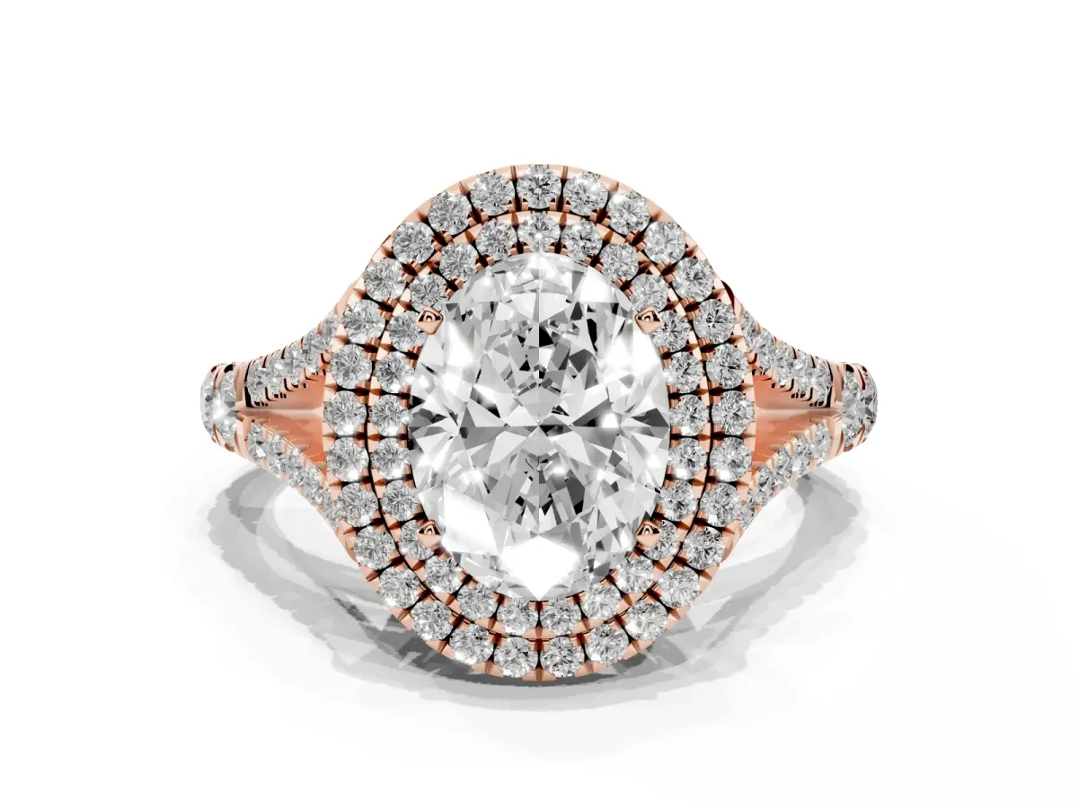 Oval Cut Diamond Pavé Split Shank Double Halo Engagement Ring Rose gold