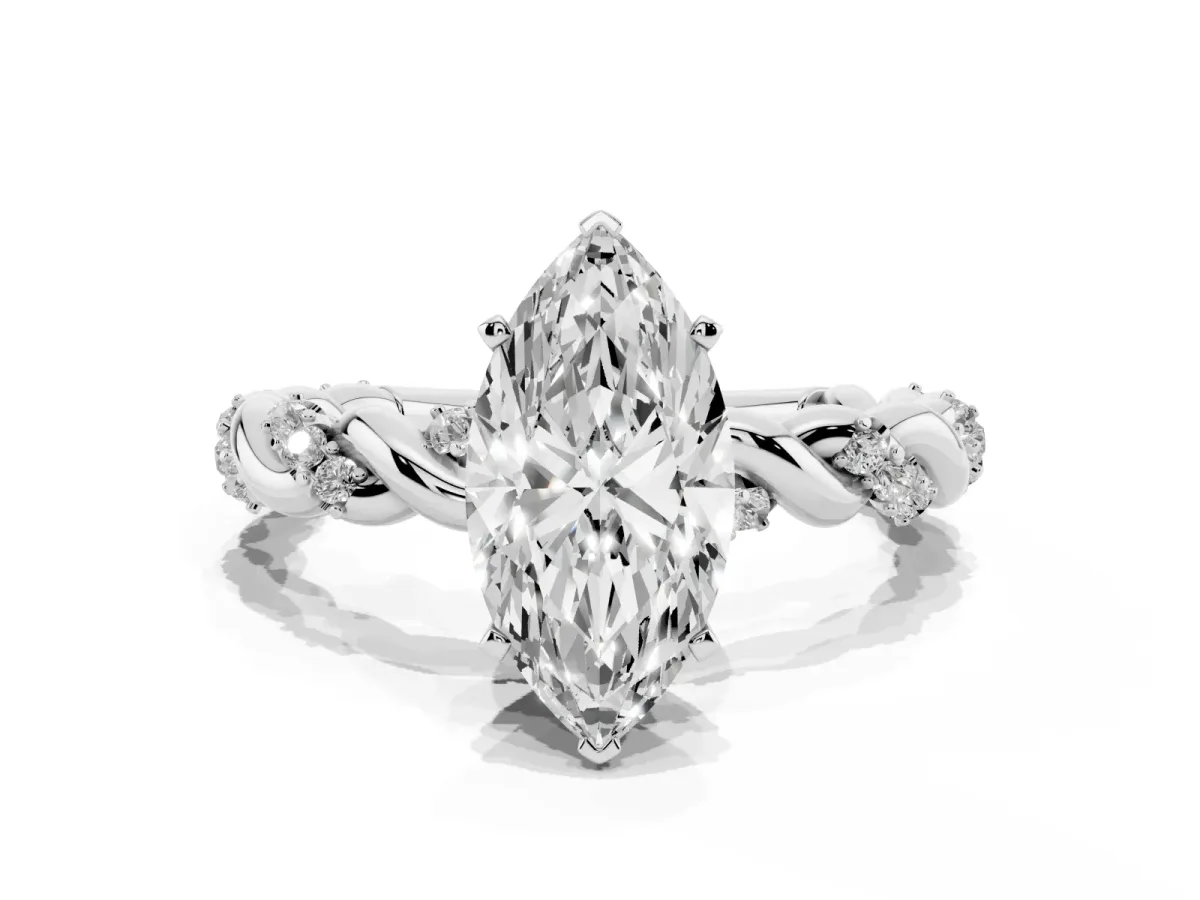 Marquise Cut Diamond Solitaire Ring with Twisted Band and Pavé Accents Platinum