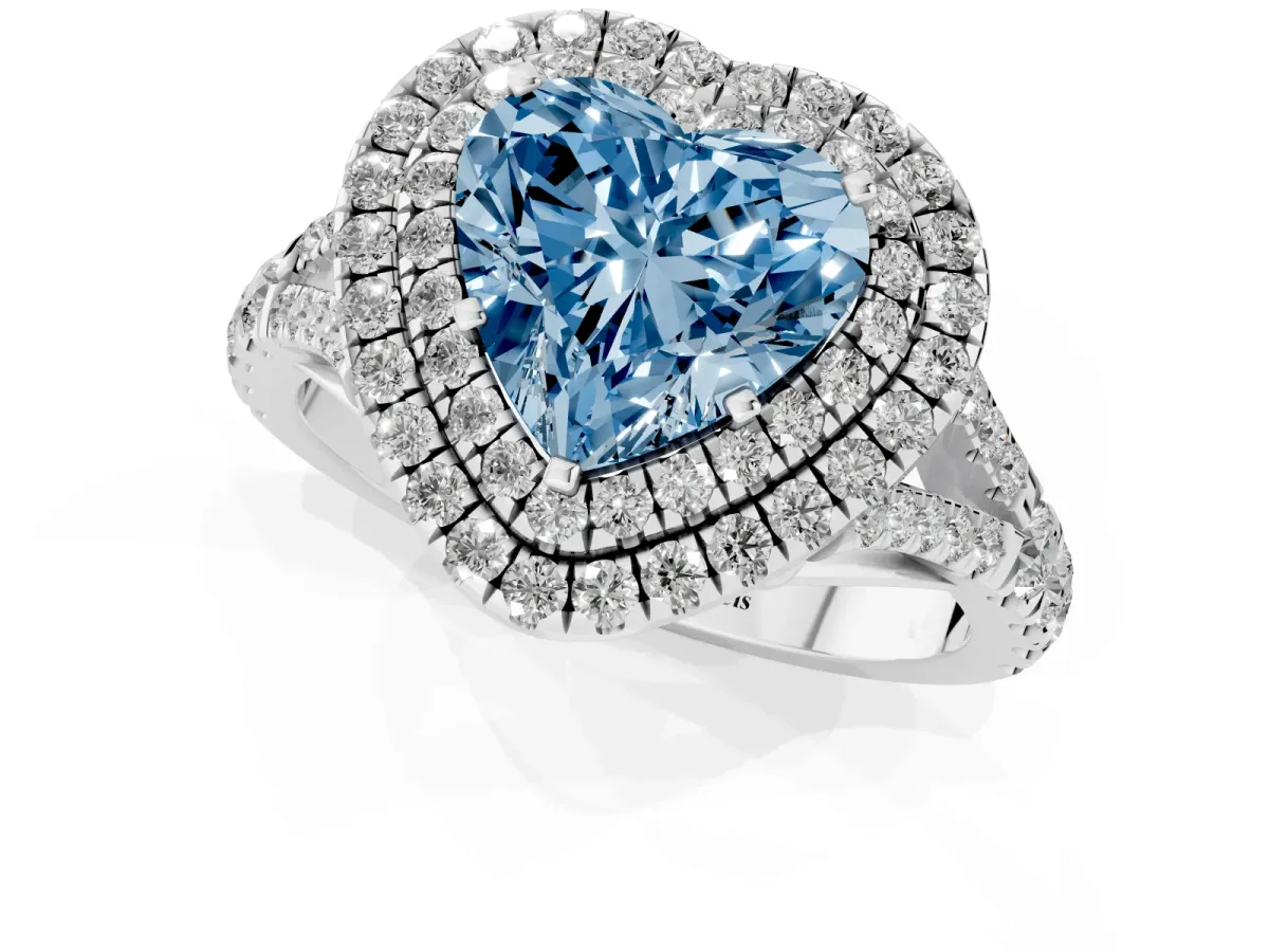 Fancy Blue Double Halo Heart Cut Diamond Split Shank Engagement Ring with Four-Prong Setting Silver