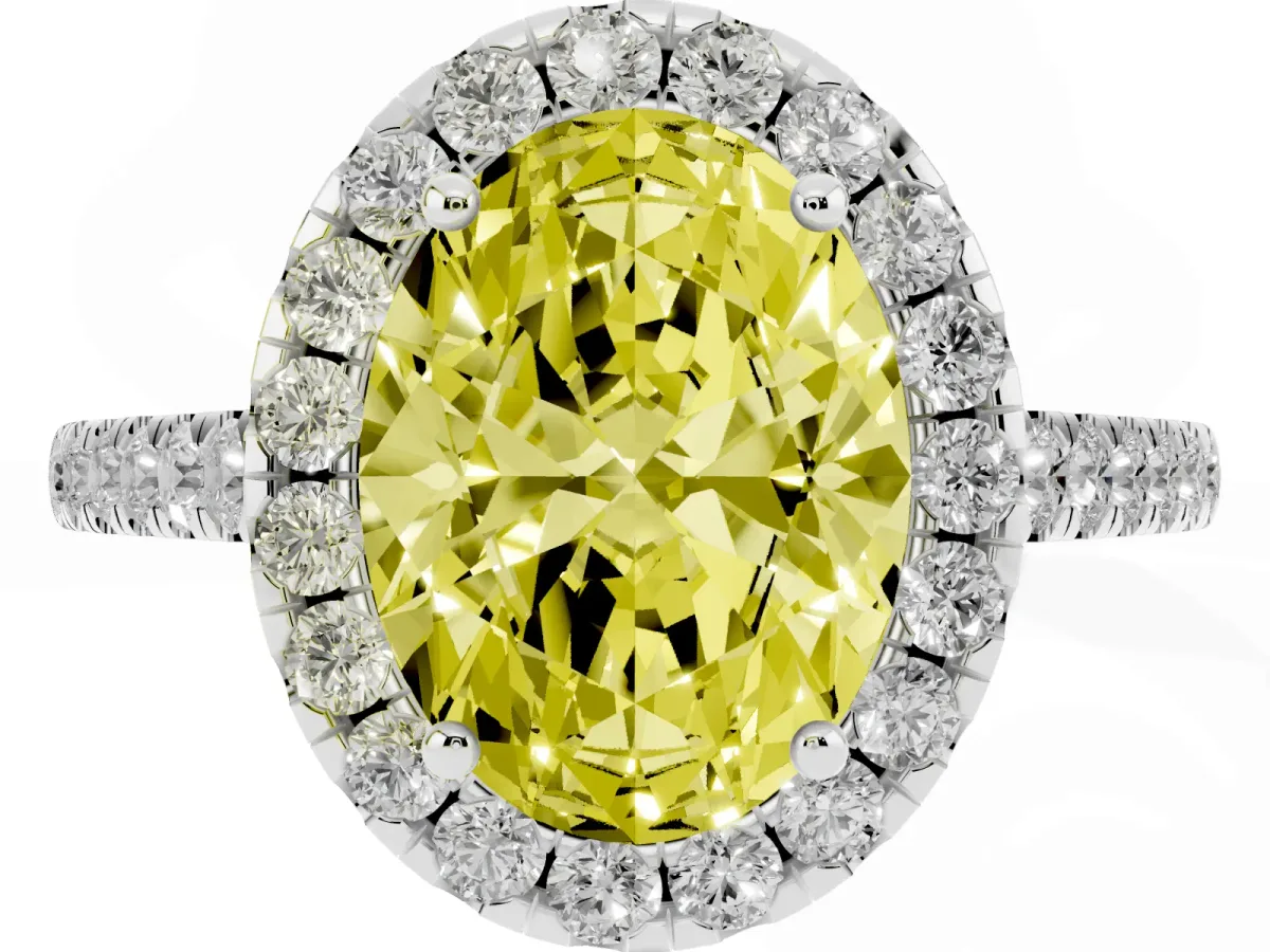 Fancy Yellow Oval Cut Halo Pave Diamond Engagement Ring with Four-Prong Setting Silver