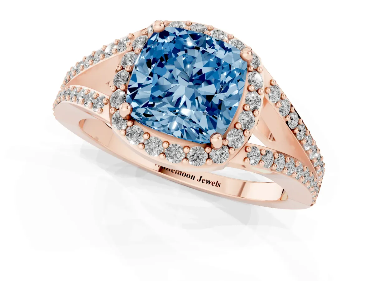 Fancy Blue Cushion Cut Halo Split Shank Diamond Ring with Prong Setting Rose gold