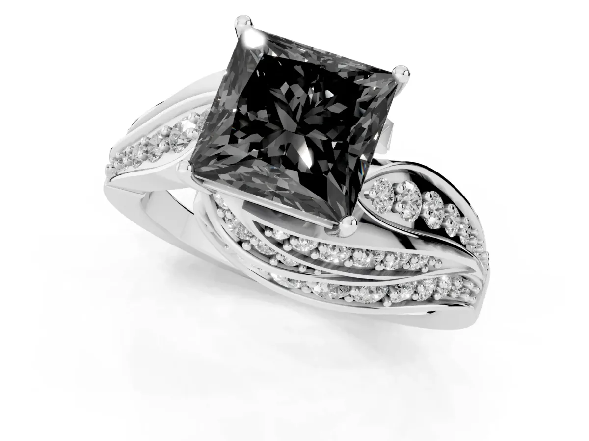 Fancy Black Princess Cut Diamond Solitaire Ring with Prong Setting and Twisted Pavé Band Silver