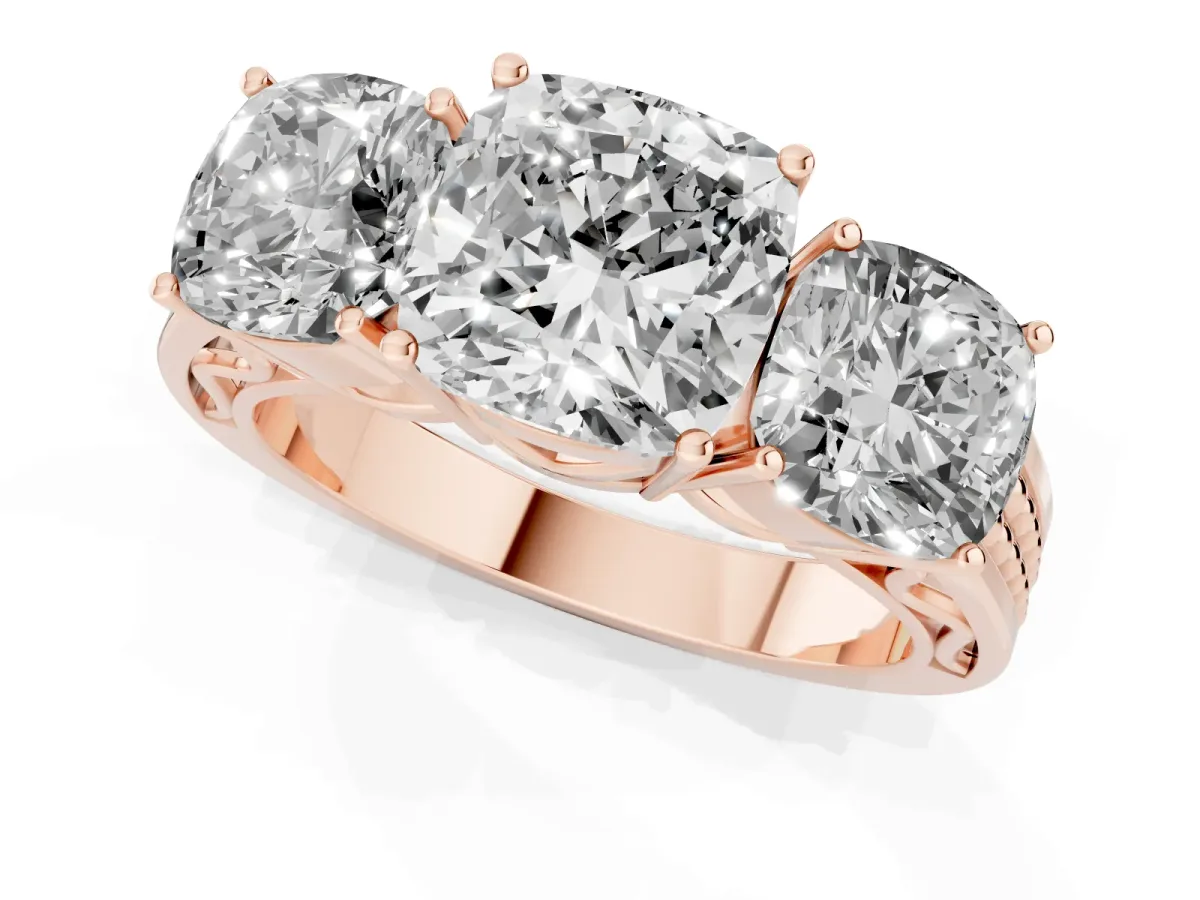 Cushion Cut Diamond Three-Stone Ring with Prong Setting and Textured Band Rose gold