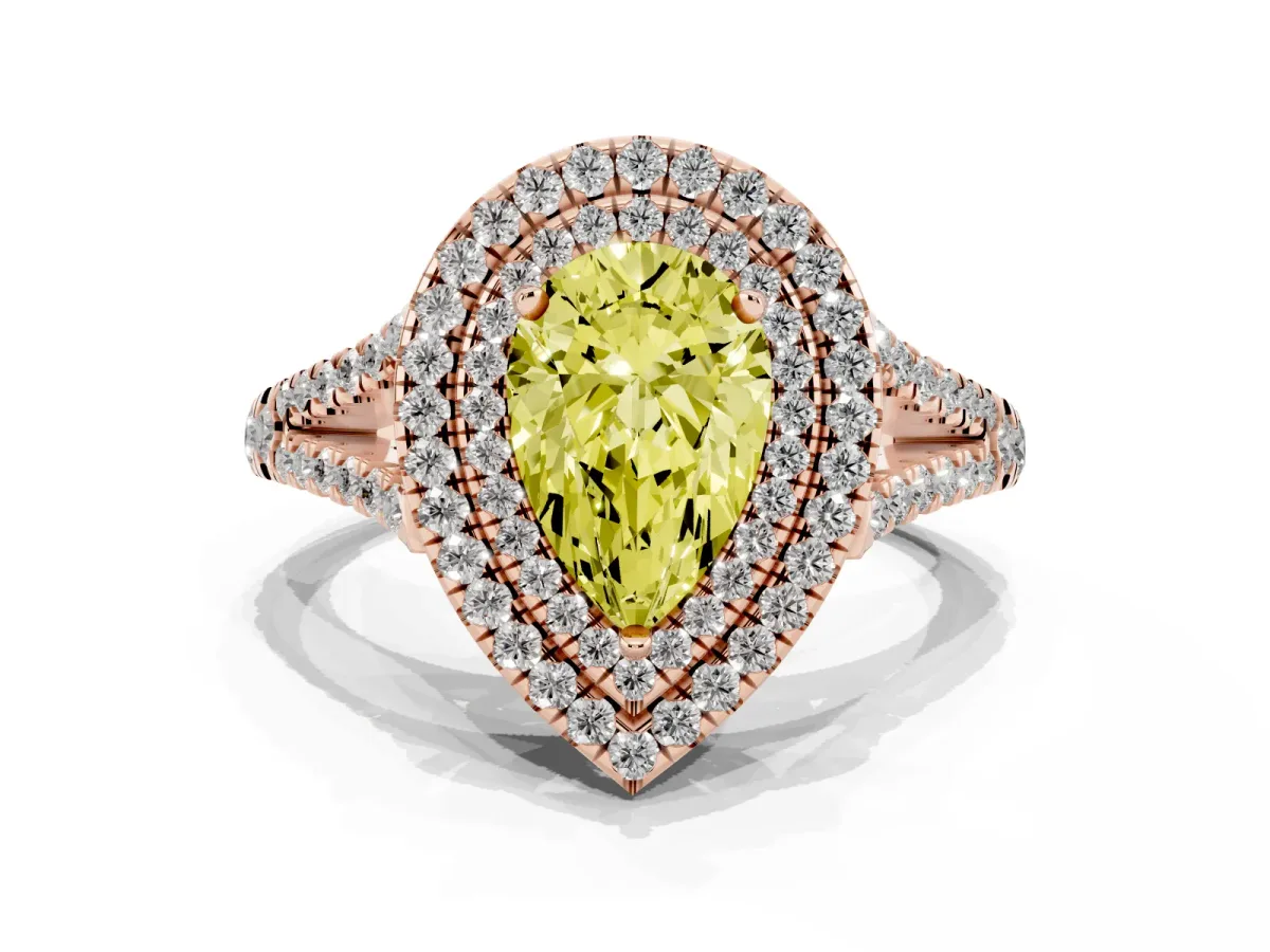 Fancy Yellow Pear Cut Diamond Double Halo Ring with Pavé Band and Prong Setting Rose gold