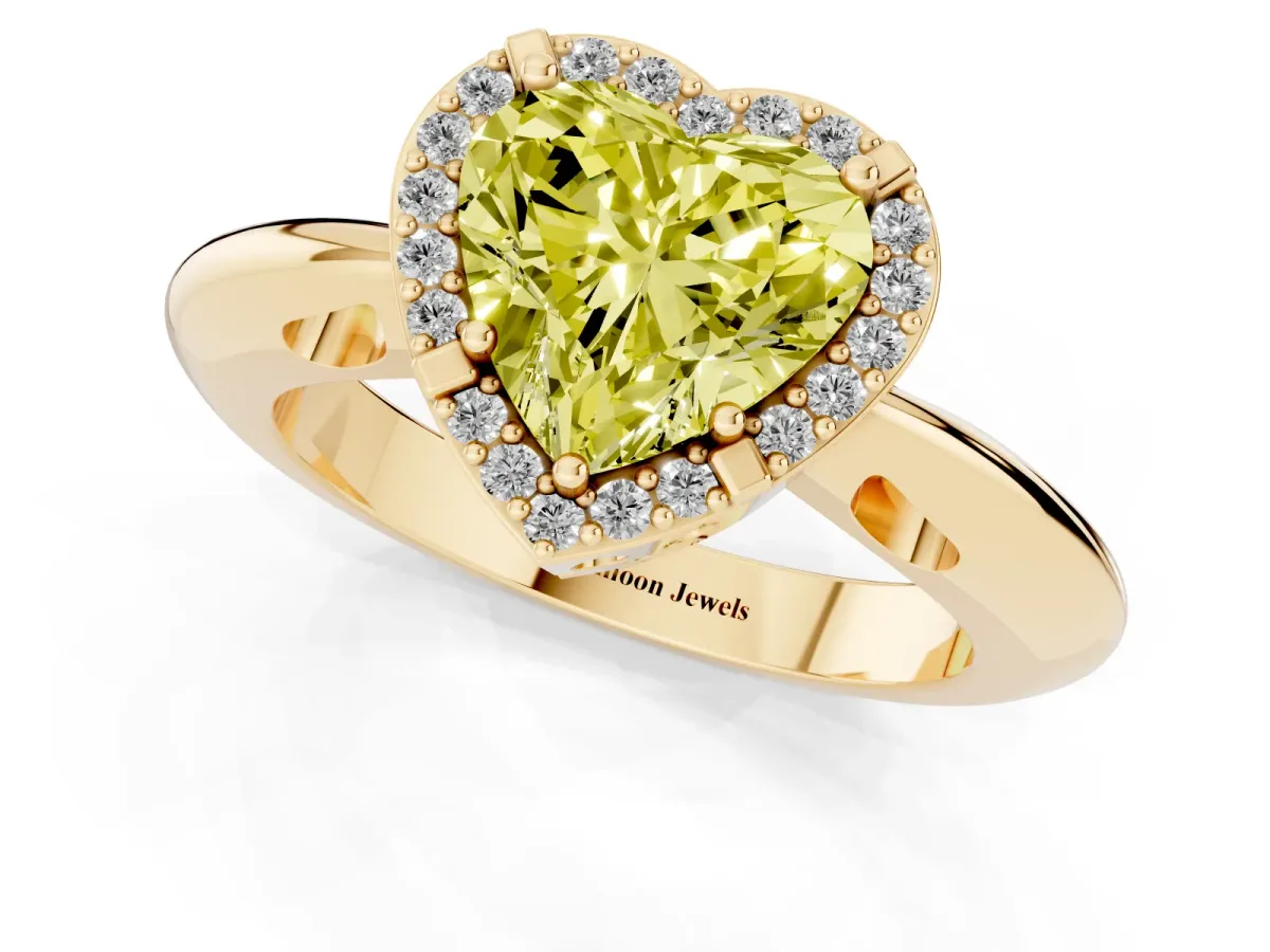 Fancy Yellow Heart Cut Cut Diamond Halo Engagement Ring with Split Shank and Four-Prong Setting Yellow gold