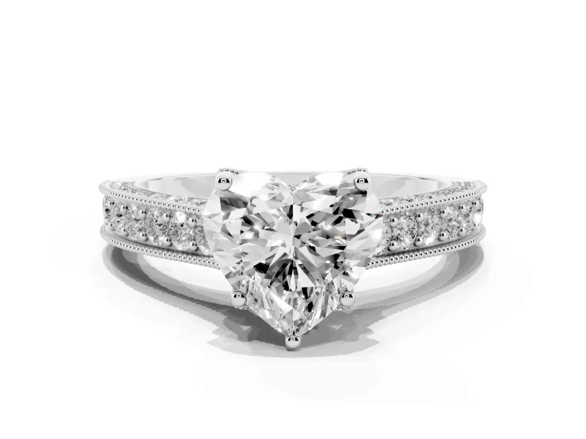 Heart Cut Cut Diamond Solitaire Ring with Milgrain Pave Band and Four Prong Setting Silver