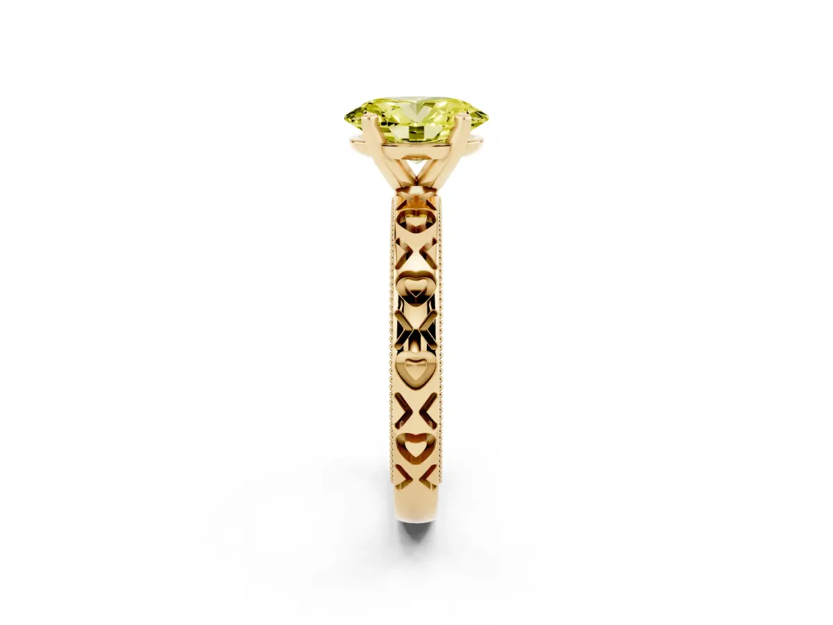 Fancy Yellow Oval Cut Solitaire Diamond Engagement Ring with XO Engraved Band and Four-Prong Setting Yellow gold