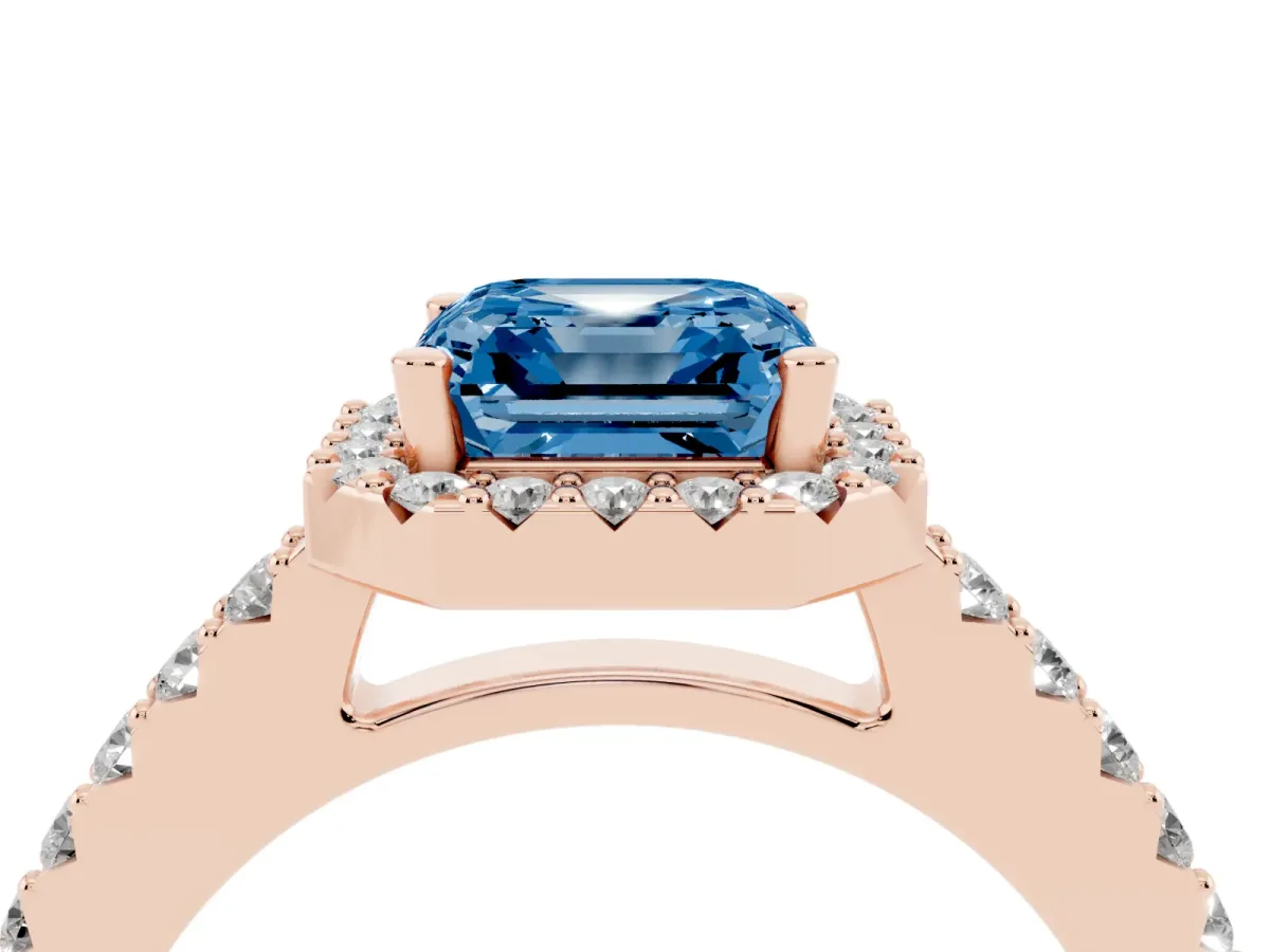 Fancy Blue Asscher Cut Halo Diamond Pavé Solitaire Ring Rose gold