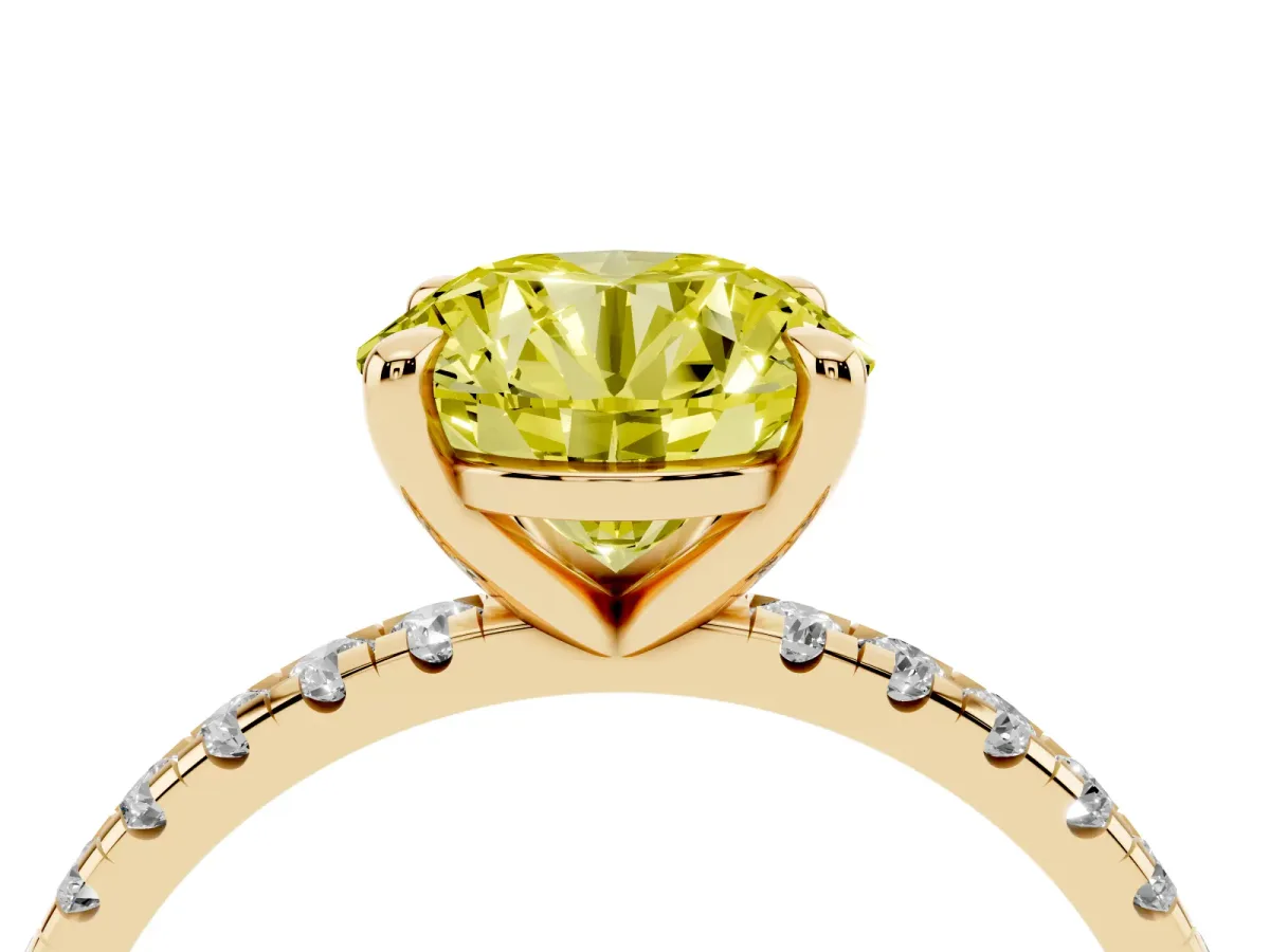 Fancy Yellow Round Cut Diamond Brilliant Solitaire Ring with Pavé Band and Four-Prong Setting Yellow gold