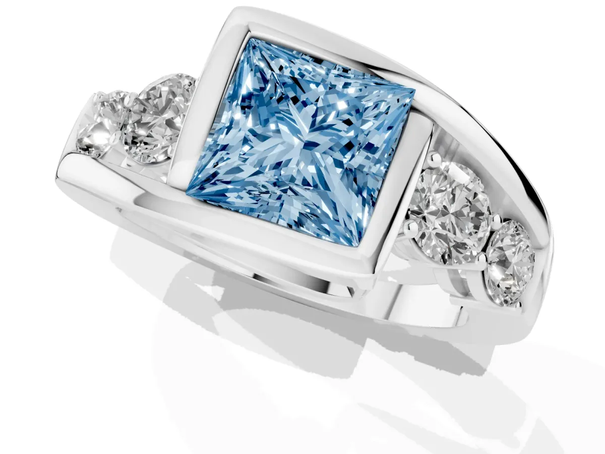 Fancy Blue Bezel Set Princess Cut Diamond Bypass Ring with Round Accents Platinum