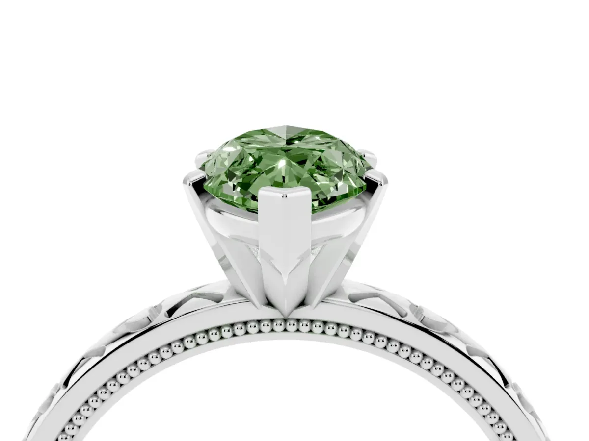 Fancy Green Marquise Cut Solitaire Diamond Engagement Ring with XO Engraved Band and Four-Prong Setting Platinum