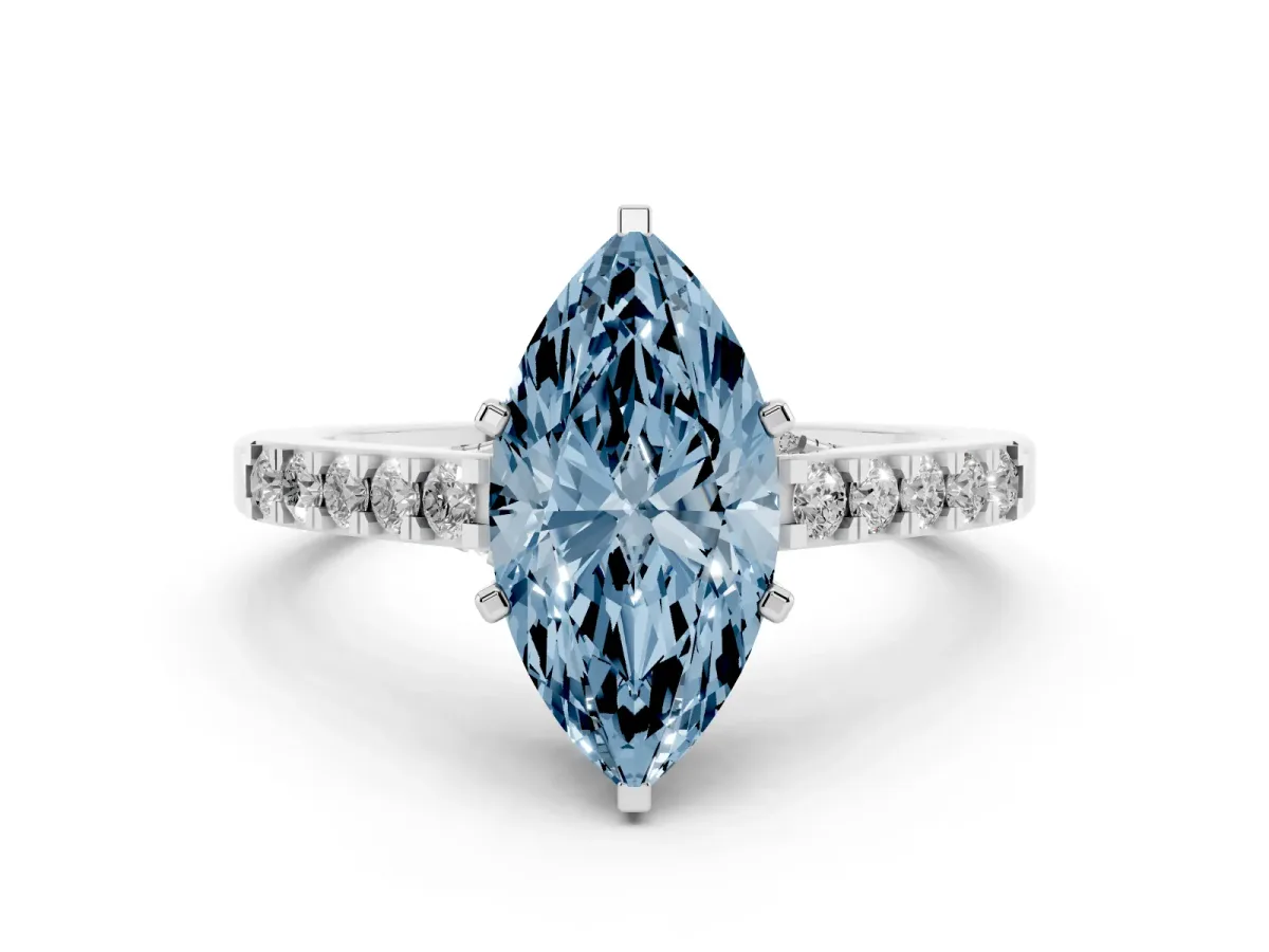 Fancy Blue Marquise Cut Diamond Solitaire Ring with Crossover Gallery and Round Pavé Band Silver