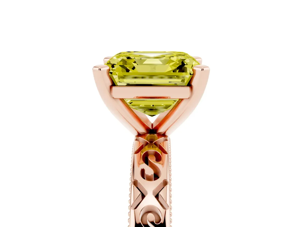 Fancy Yellow Asscher Cut Solitaire Engagement Ring with Scrollwork Band and Four-Prong Setting Rose gold