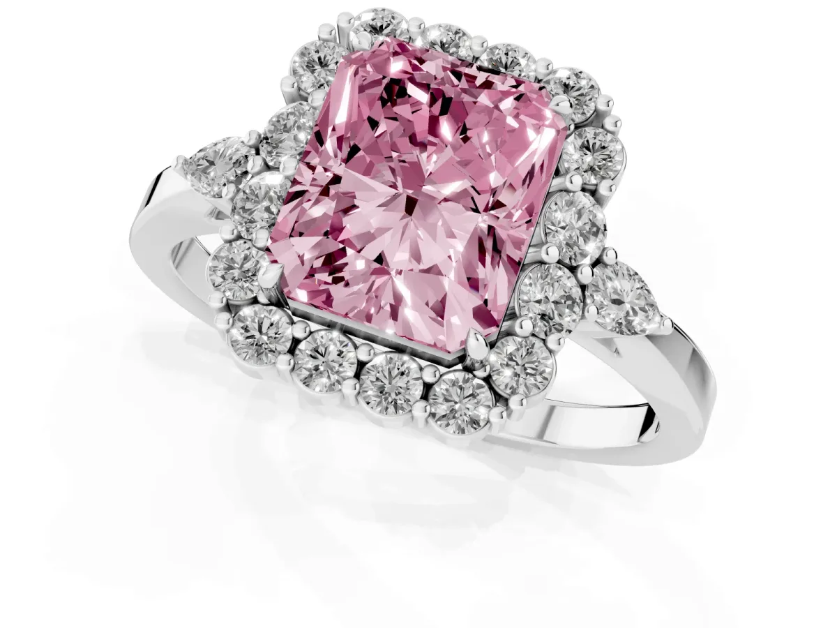 Fancy Pink Radiant Cut Diamond Halo Ring with Pear Side Stones and Prong Setting Silver