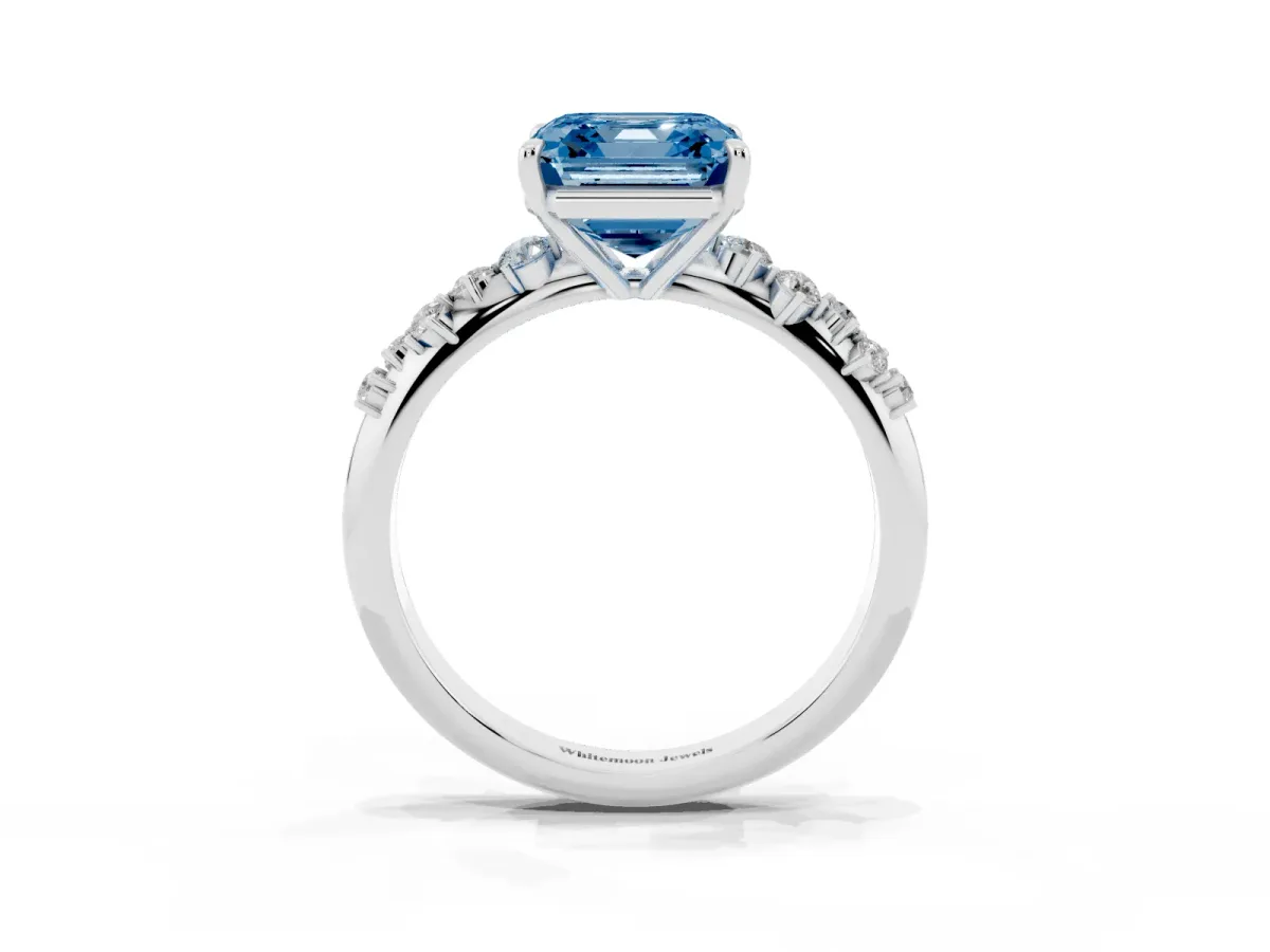 Fancy Blue Asscher Cut Diamond Cluster Side Stone Solitaire Ring with Prong Setting Silver