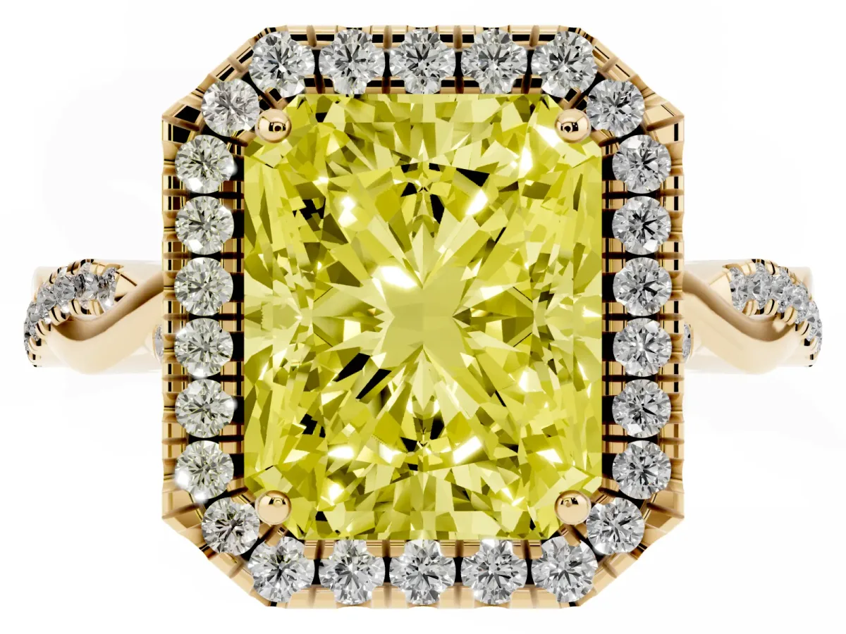 Fancy Yellow Radiant Cut Halo Twist Band Solitaire Ring Yellow gold