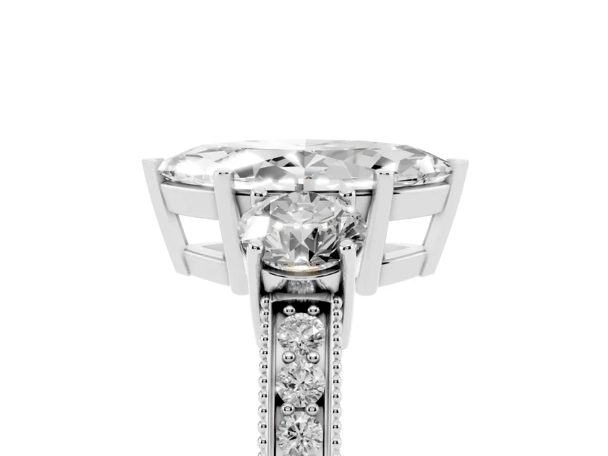 Marquise Cut Three-Stone Diamond Ring with Pavé Band and Four-Prong Setting Silver