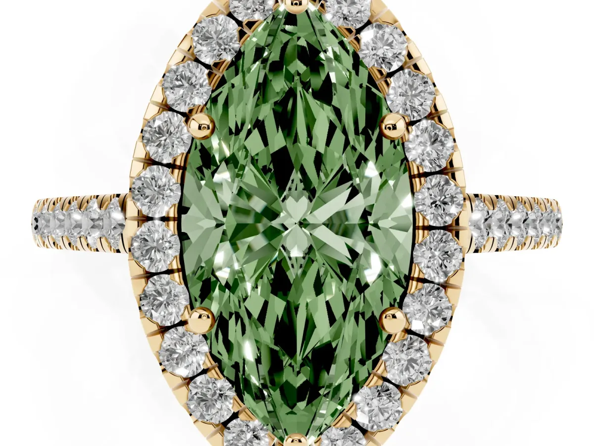 Fancy Green Marquise Cut Halo Pave Diamond Engagement Ring with Four-Prong Setting Yellow gold
