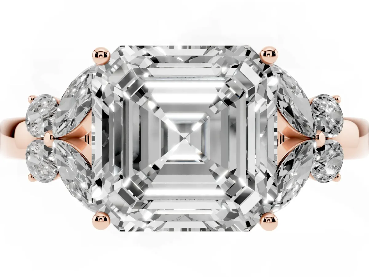 Asscher Cut Cut Solitaire Floral Diamond Ring with Four-Prong Setting Rose gold