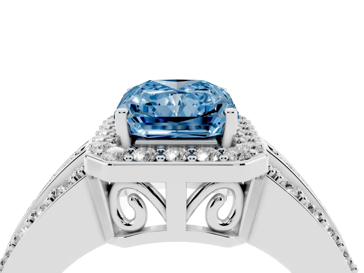 Fancy Blue Radiant Cut Halo Diamond Ring with Round Split Shank and Prong Setting Silver