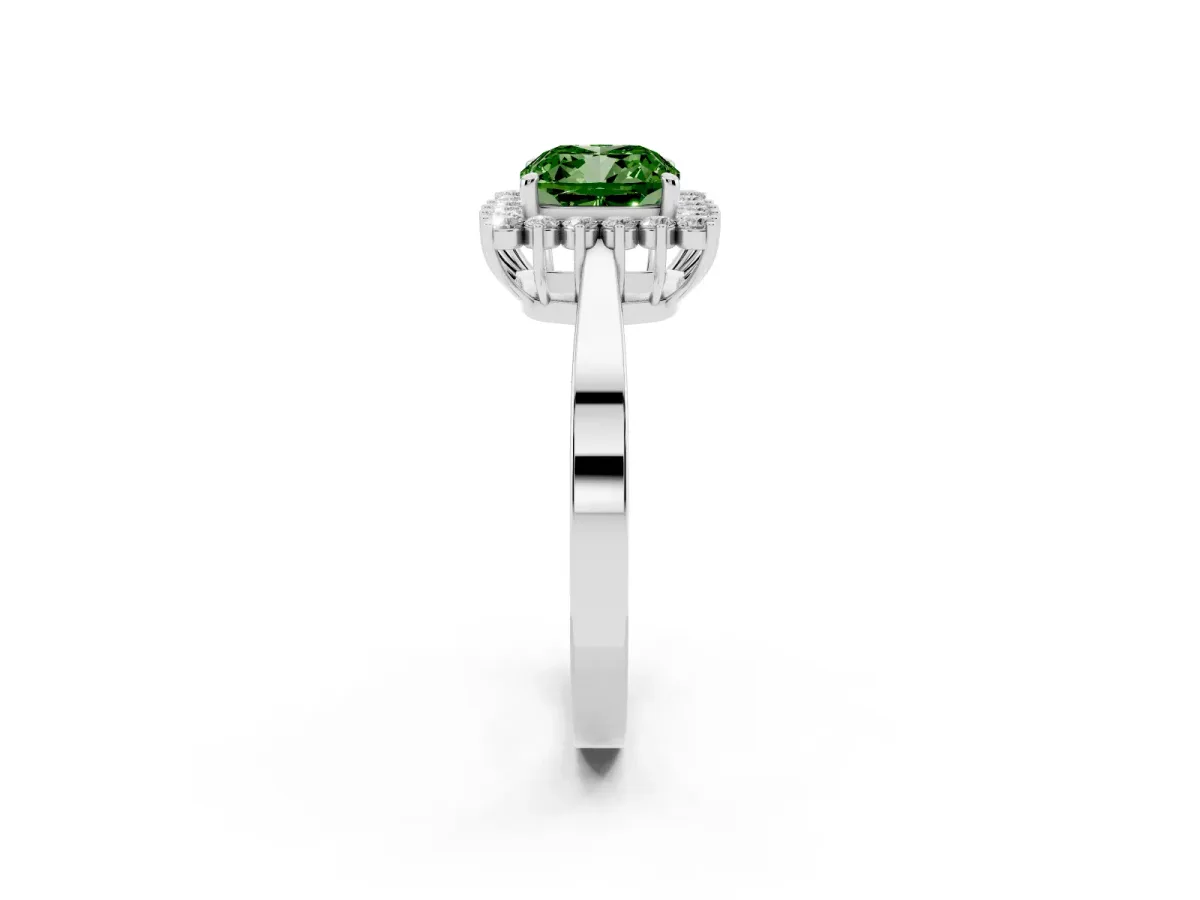 Fancy Green Cushion Cut Cut Diamond Halo Ring with Round Brilliant Halo and Solitaire Band Silver