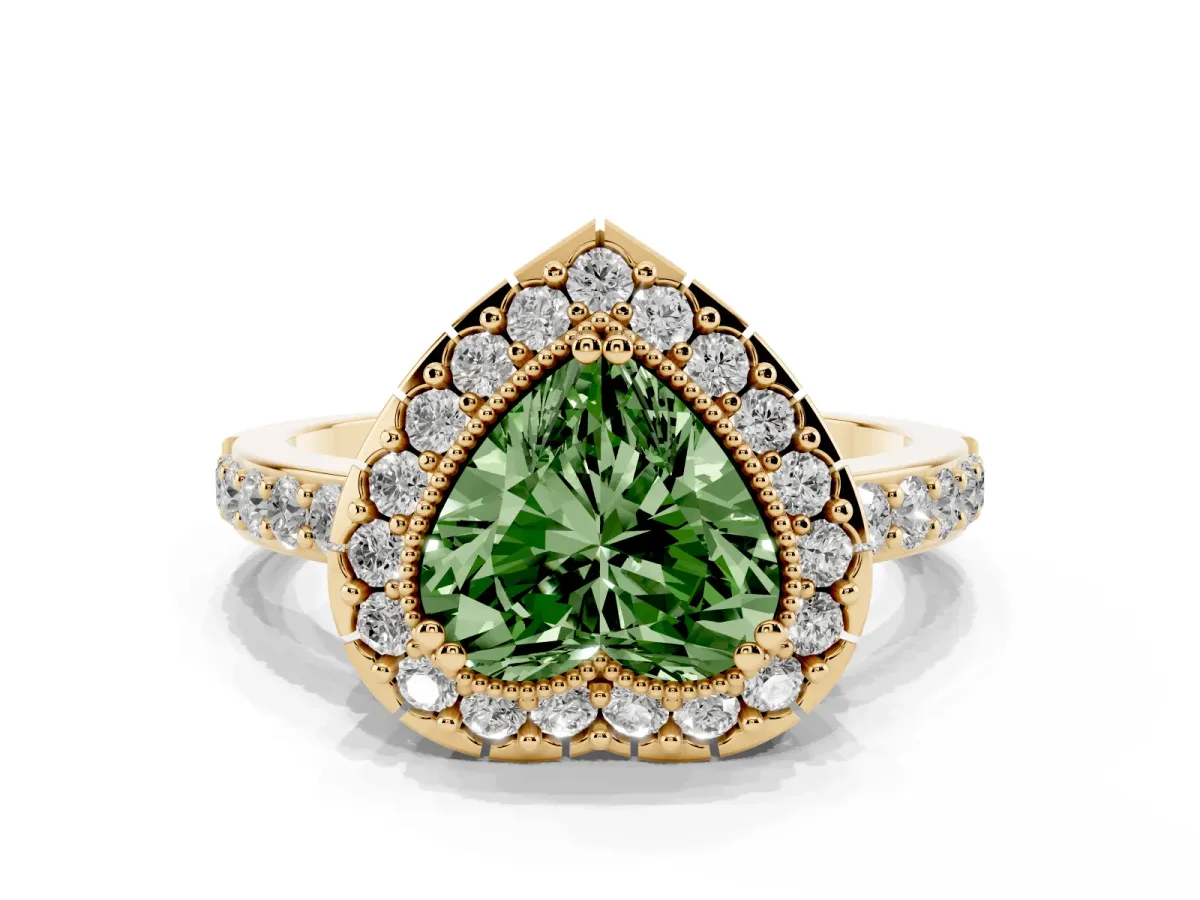 Fancy Green Heart Cut Diamond Halo Ring with Pavé Band and Prong Setting Yellow gold