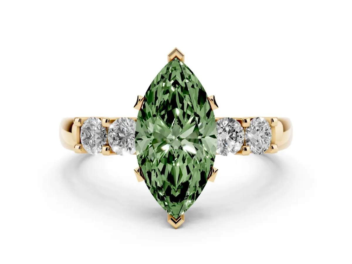 Fancy Green Marquise Cut Brilliant Cut Diamond Five-Stone Prong Set Engagement Ring with Channel Band Yellow gold
