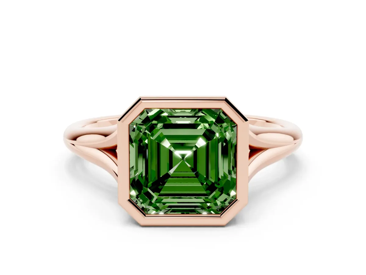 Fancy Green Bezel Set Asscher Cut Cut Solitaire Ring with Tapered Band Rose gold