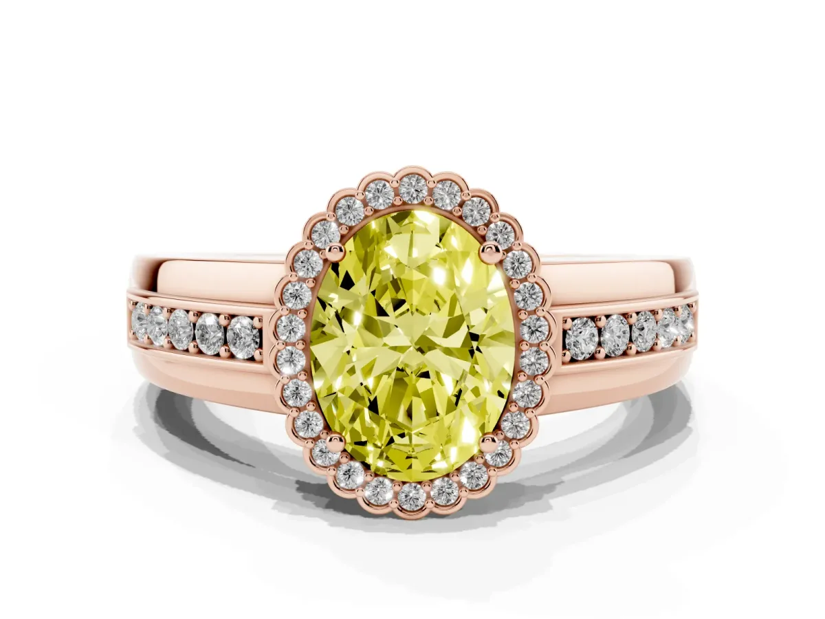 Fancy Yellow Oval Cut Cut Halo Pave Band Four-Prong Ring Rose gold