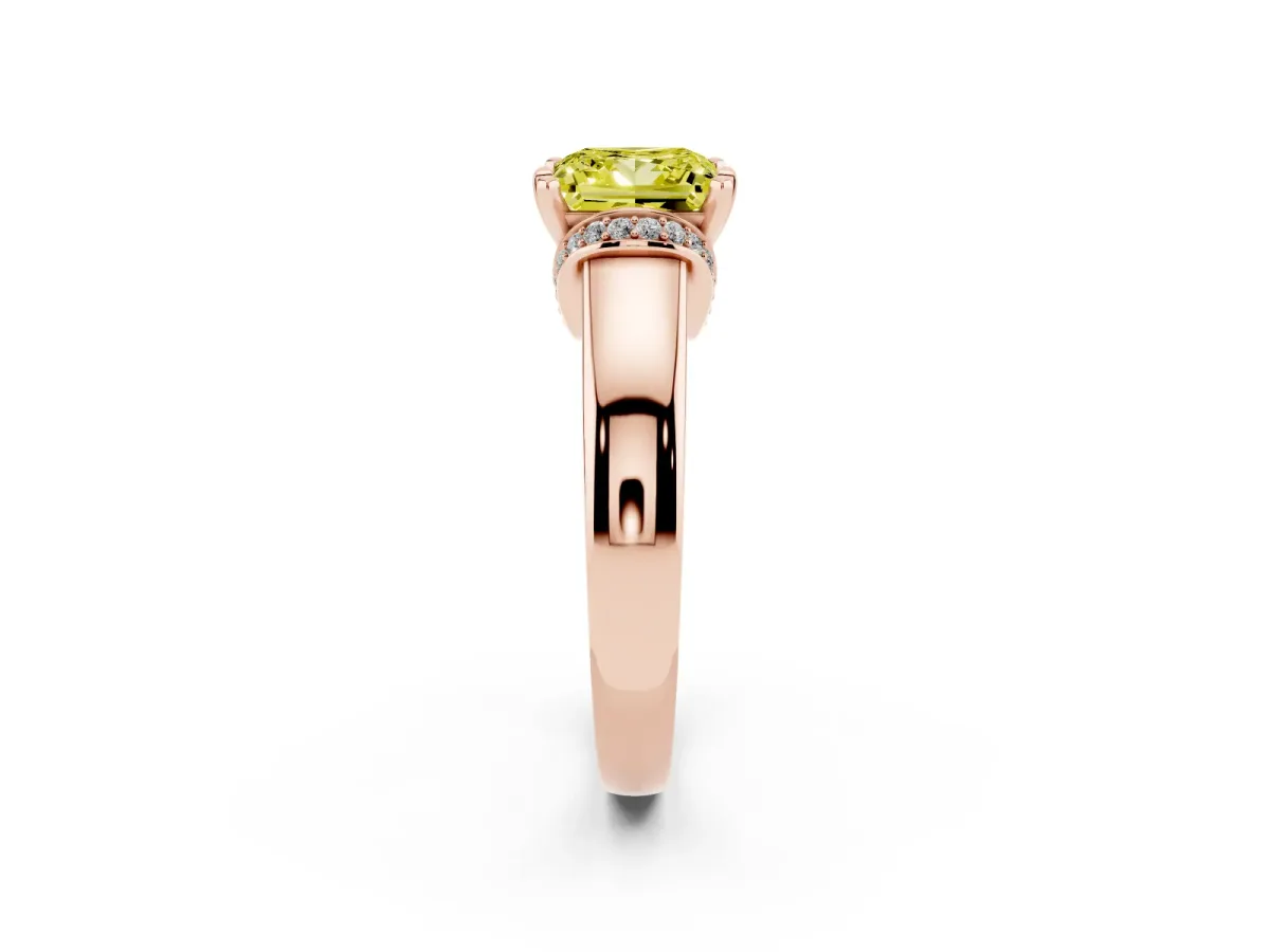 Fancy Yellow Princess Cut Solitaire Diamond Ring with Pave Band and Six-Prong Setting Rose gold