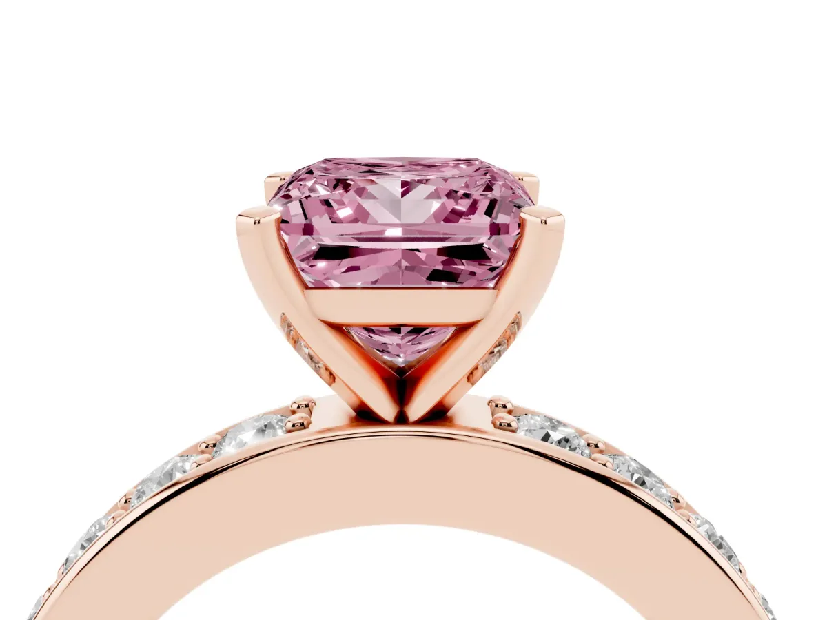 Fancy Pink Princess Cut Diamond Engagement Ring with Channel Set Round Band and Prong Setting Rose gold