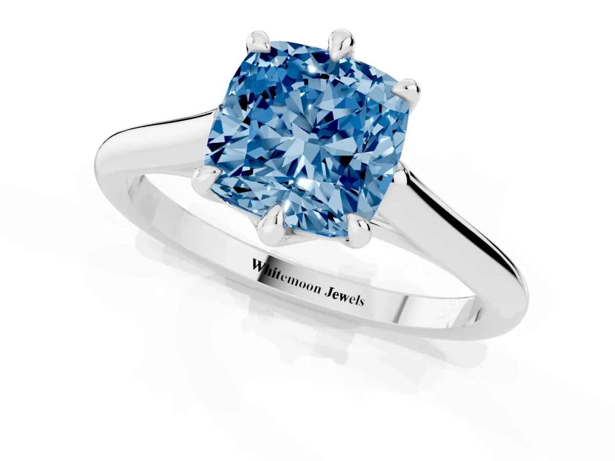 Fancy Blue Cushion Cut Solitaire Engagement Ring with Six-Prong Setting and Classic Band Platinum