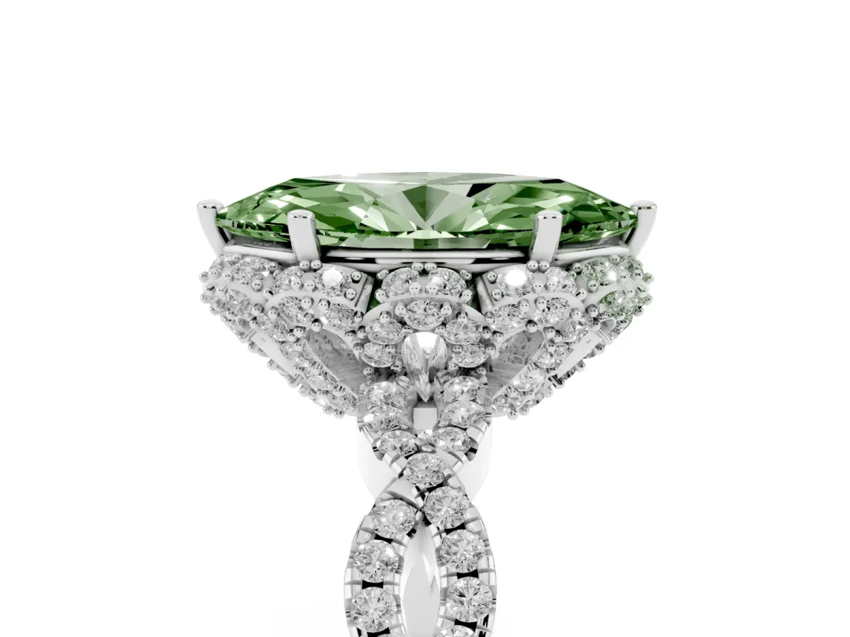 Fancy Green Marquise Cut Halo Twist Band Solitaire Ring with Six-Prong Setting Platinum