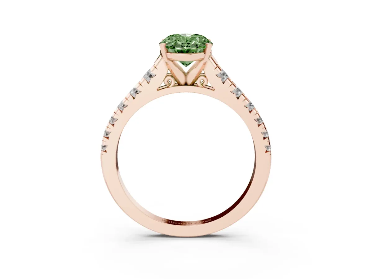 Fancy Green Oval Cut Diamond Cathedral Solitaire Ring with Round Pavé Band Rose gold