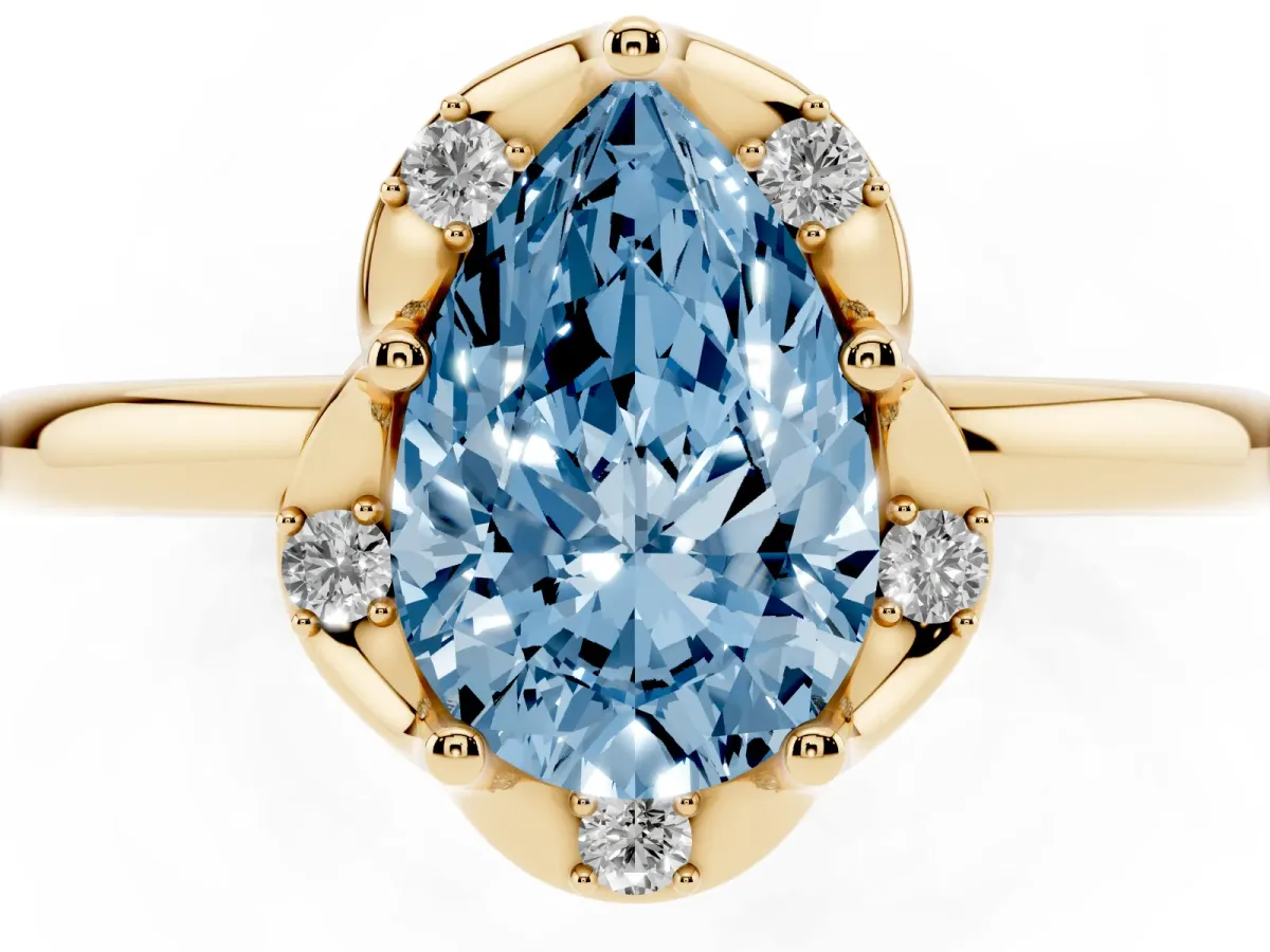 Fancy Blue Pear Cut Halo Diamond Ring with Round Cluster Setting, Solitaire Band, and Four-Prong Setting Yellow gold