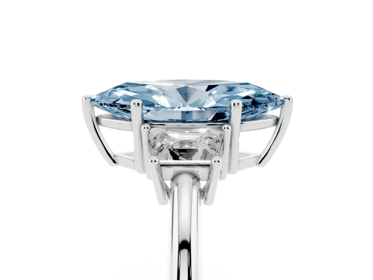 Fancy Blue Marquise Cut Diamond Three-Stone Ring with Trapezoid Side Stones and Prong Setting Silver