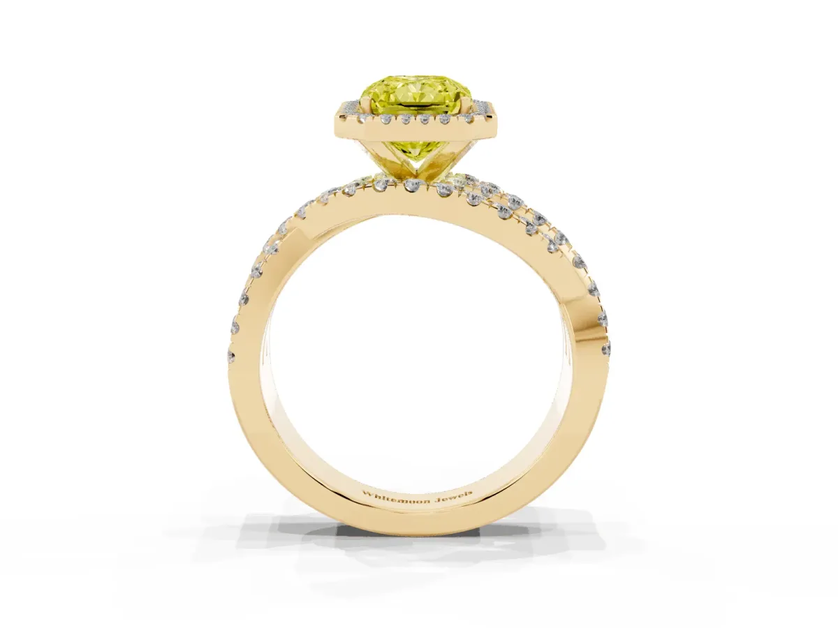 Fancy Yellow Radiant Cut Diamond Halo Ring with Round Split Shank and Prong Setting Yellow gold