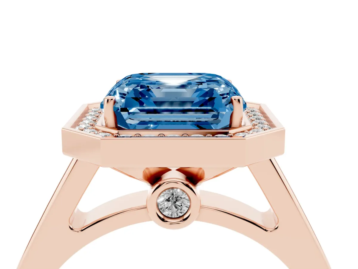 Fancy Blue Asscher Cut Halo Solitaire Diamond Ring with Pave Band and Bezel Setting Rose gold