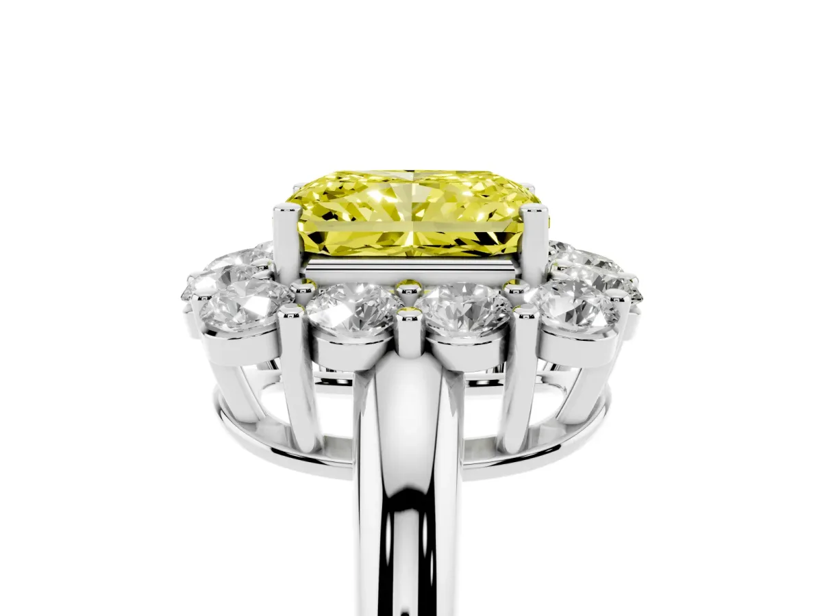 Fancy Yellow Radiant Cut Halo Cluster Diamond Engagement Ring with Prong Setting and Polished Band Platinum