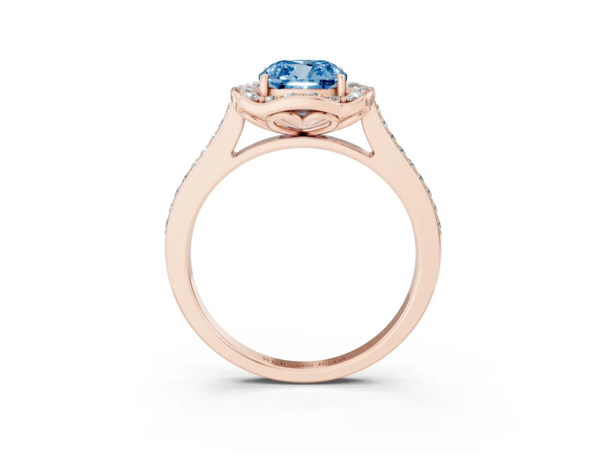 Fancy Blue Cushion Cut Halo Round Diamond Pave Band with Four-Prong Setting Rose gold